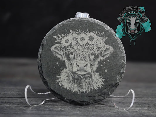 Highland Cow Round Slate Coaster